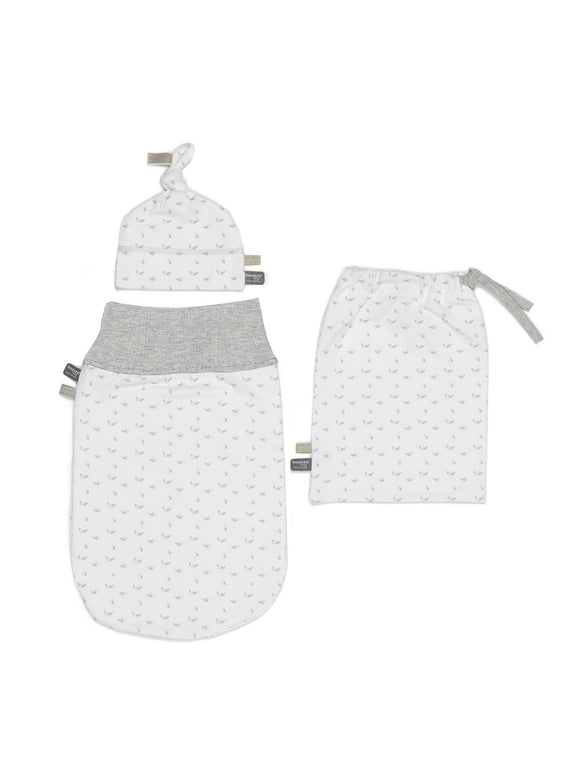 Snoozebaby - Newborn Cocoon Sets (Including Hat + Bag) - Birds Light Grey
